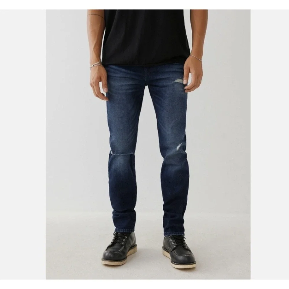 True Religion Rocco No Flap Relaxed Skinny Distress Jeans (Altered Hem) Blue 42
